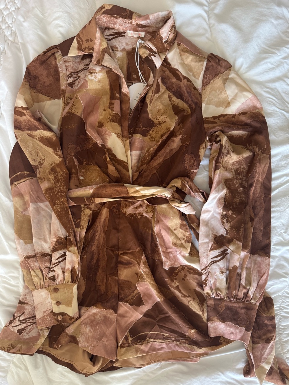 Abstract Marble Print Belted Romper in Brown and Cream